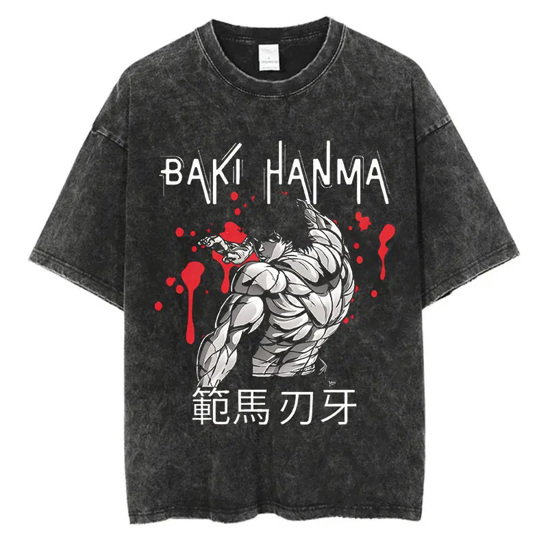 Фото Футболки в стиле аниме Baki Haman, винтажные футболки Harajuku из 100% хлопка, новинка 2024 года, мужская футболка с эффектом потертости, хип-хоп, уличная одежда, оверсайз футболка №4