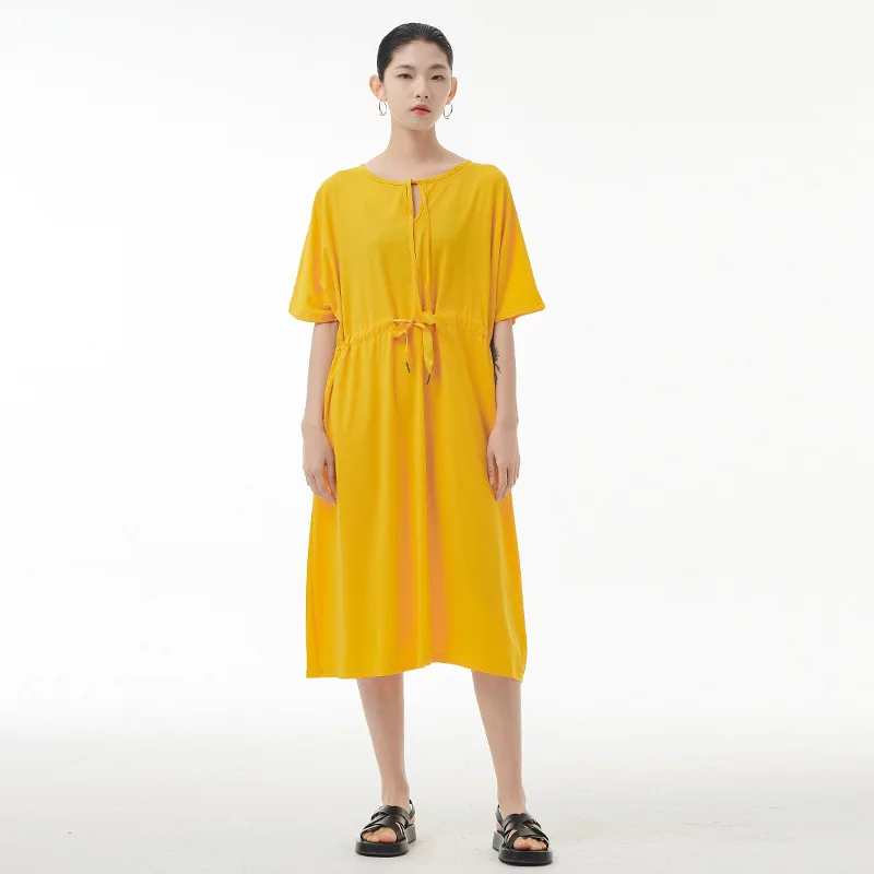 

2022 Summer Short Sleeve Drawstring Waist Loose Long Dress Women Streetwear French Style Solid Color Casual Tshirt Dresses 1189
