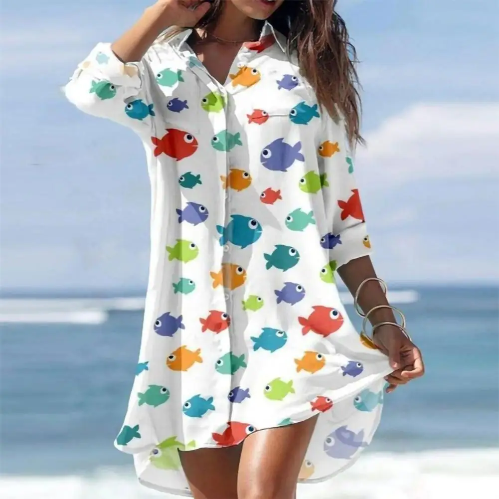 

Shirt Dress Fashion Print Single Breasted Spring Summer Temperament Loose-fitting Mini Dress for Daily Wear 2022