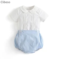 clibeso 2022 summer baby boy spanish clothes set children white cotton shirt peter pan collar blue linen shorts bloomers outfits