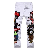 hip hop embroidery casual streetwear jeans pants slim fit white motorcycle denim trousers for male harakuju patchwork
