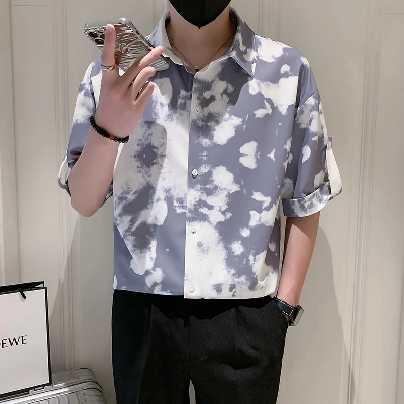 

Fine Men's Fashion Casual Korean Version All-match Printed British Style Cuban Collar Ice Silk Print Flower Mid-sleeve Shirt