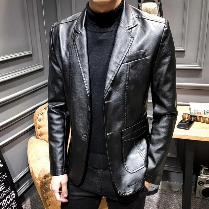 

Dress Suit Coat Mens Jackets Lapel Business Leather Jackets Men Pu Blazers New Korean Style Slim Fashion Leather Coat Streetwear
