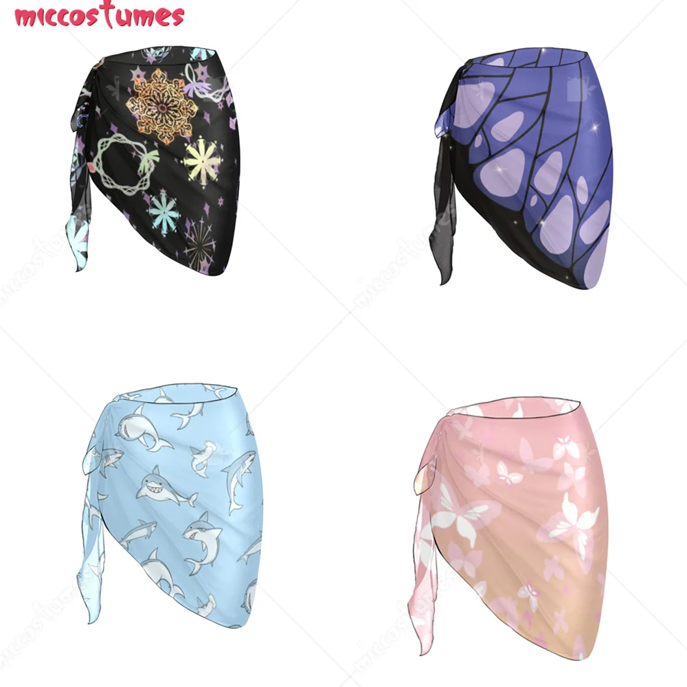 

Black Wrap Skirt with Kaleidoscope Prints Purple Butterfly Shark Pattern Beach Coverup for Summer Vacation