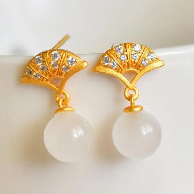 

White Jade Round Beads Zircon Ginkgo Leaf Dangle Earrings 925 Sterling Silver Nephrite Hetian Jades Ball Gold Drop Earring Women