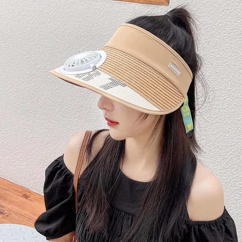 

2022 New ladies with fan USB rechargeable large rim uv visor summer outdoor sun protection empty top hat