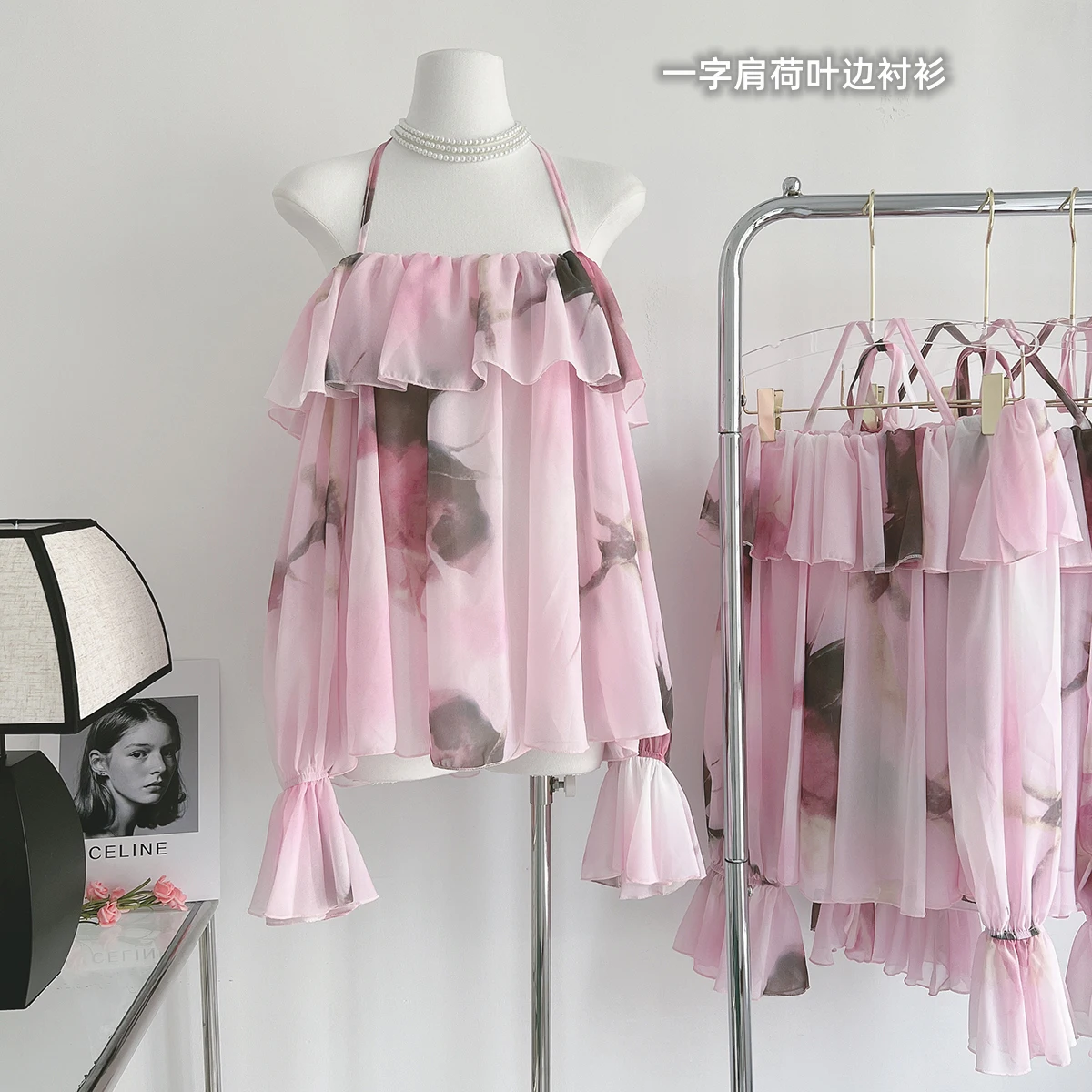 

Sweet Pink Off-the-shoulder Blouse Women Flare Sleeve Shirts Sexy Summer Korean Fashion Sheer Long Sleeve Blouse Tops