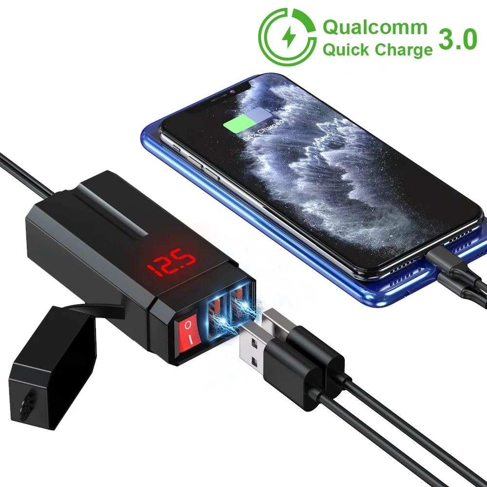 

12V Motorcycle USB Charger Dual QC3.0 Cell Quick Charger Waterproof Motorcycle USB Socket Adapter With LED Voltmeter