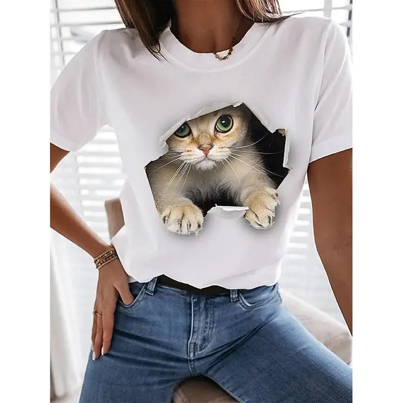 

Women's 3D Cat Funny Tee Shirt T Shirt Cat Graphic 3D Print Round Neck Basic Tops