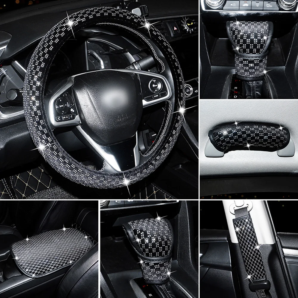 Crystal Car Steering Wheel Cover Car Gear Set Auto Armrest Pad Auto Shoulder Pads Decor Bling Car Accessories Interior for Women Crystal Car Steering Wheel Cover Car Gear Set Auto Armrest Pad Auto Shoulder Pads Decor Bling Car Accessories Interior for Women