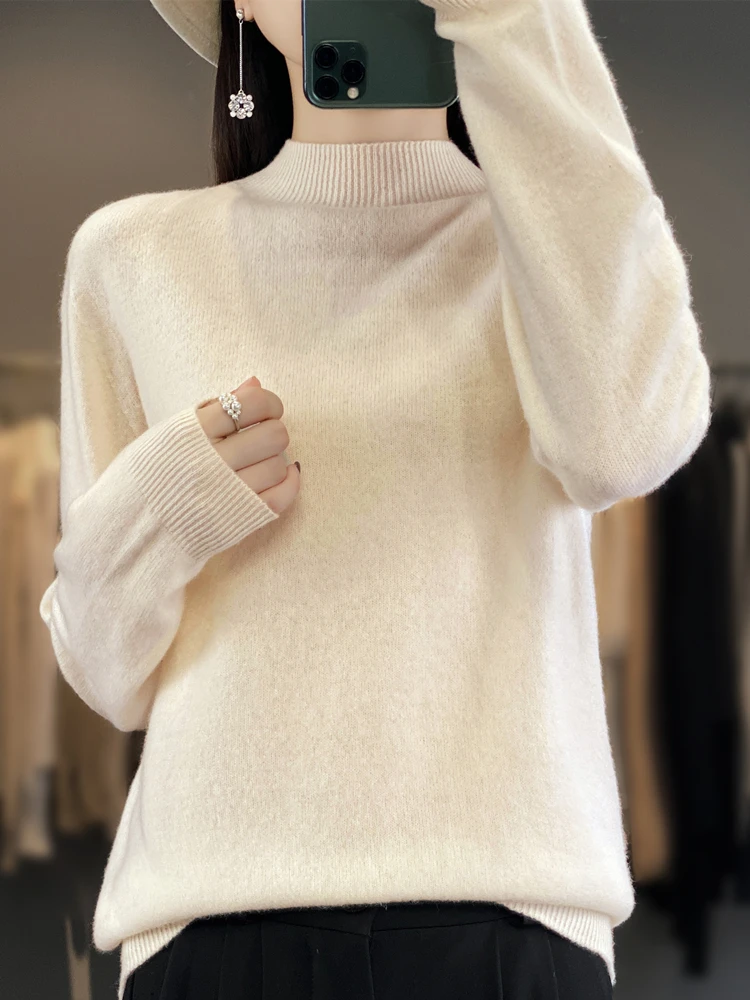 

Aliselect Fashion Basic 30% Merino Wool Cashmere Women Knitted Sweater Mock Neck Long Sleeve Pullover Autumn Clothing Top