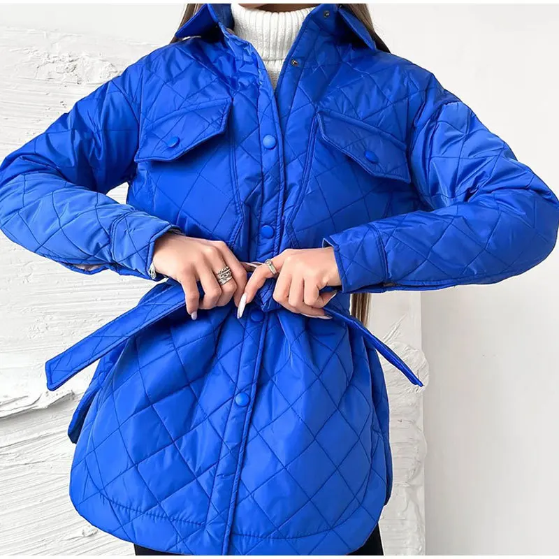 Green Parkas Women 2022 Autumn Winter Fashion Simple Argyle Coats Ladies Elegant Turn Down Collar Solid Cotton Jackets Female