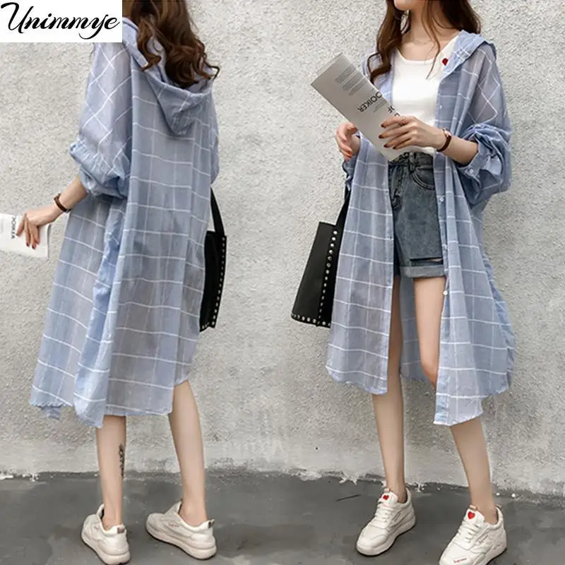 

Shirts Women Plaid Sunscreen Clothes Female Long Sleeve Thin Women's Korean Style Coat All-match Blouses Elegant Hooded Top J311