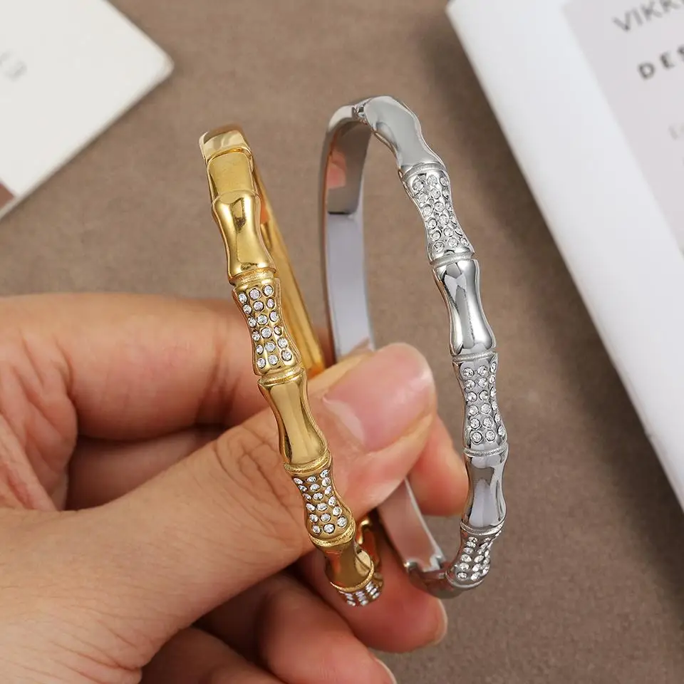 Стильные браслеты из нержавеющей стали с бамбуковой инкрустацией и фианитами