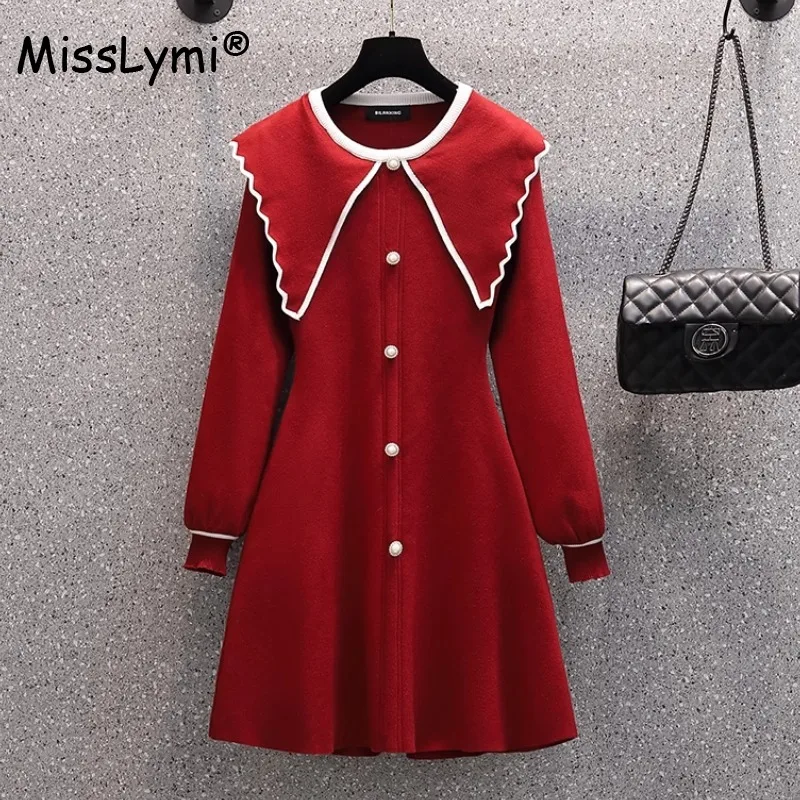 

Вязаное платье-свитер, женская одежда, зима 2023, корейский дизайн, воротник Питер Пэн, длинные рукава, жемчужные пуговицы, трапециевидные мини-платья