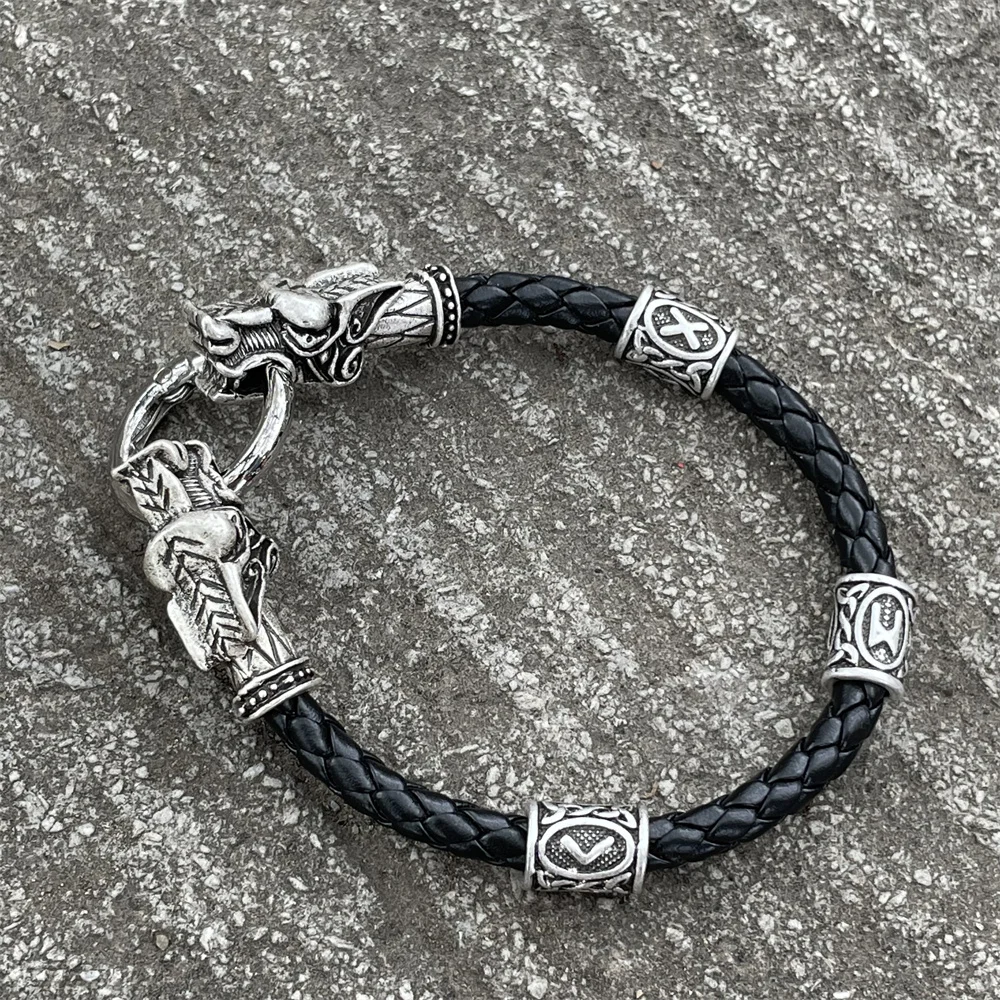 

Amuletos Vikingos Raven Wolf Heads Chain Viking Bracelet With Runas Vikingas Beads Talisman Leather Cuff Bracelets & Bangles