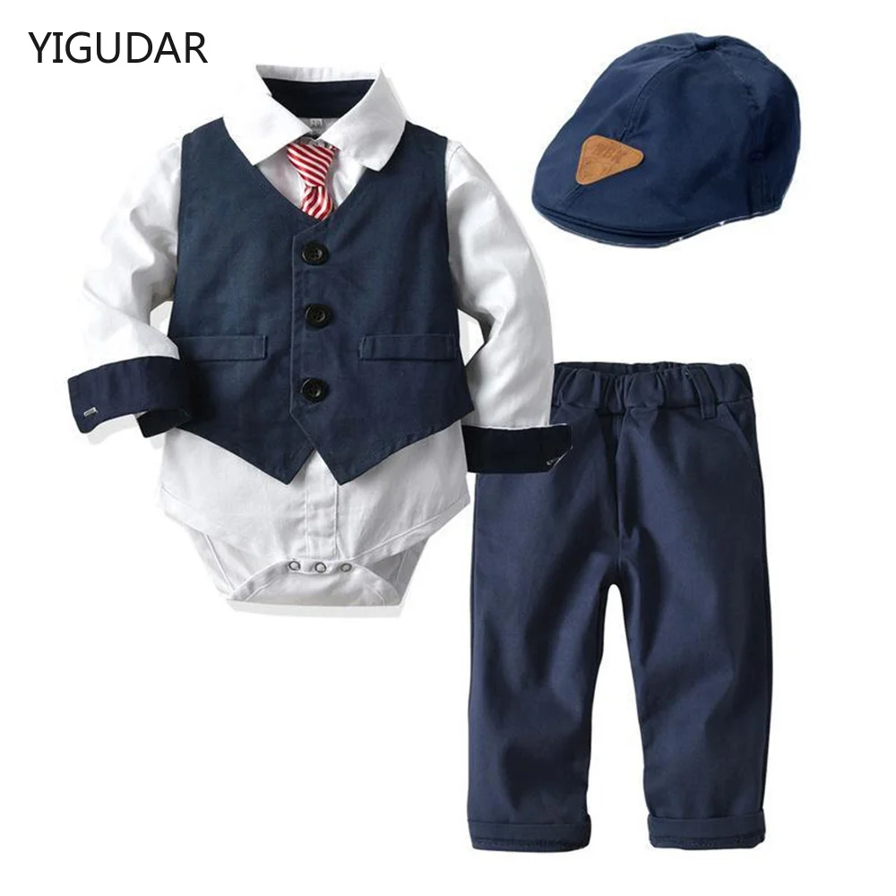 

Baby Boy Formal Clothes Set Newborn Boys Gentleman Birthday Romper Outfit With Hat Vest Long Sleeve Infant Jumpsuit Suits Dress