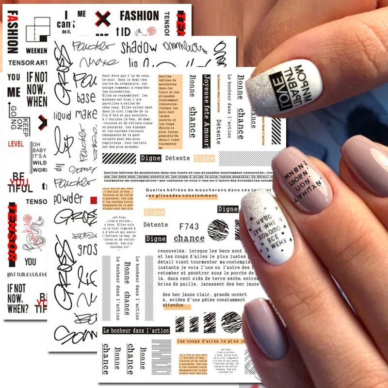 Nail Art Decals Geometric French Letters Messages Back Glue Nail Stickers Temporary Tattoos For Nail Tips Beauty