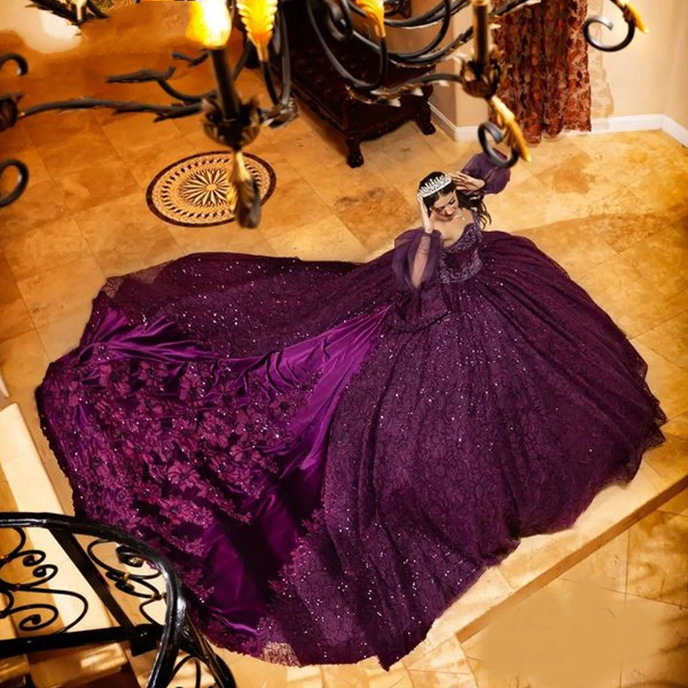 

ANGELSBRIDEP Detachable Sleeves Purple Quinceanera Dresses For 15 Party Princess Appliques Flowers Tulle Birthday Party Dress