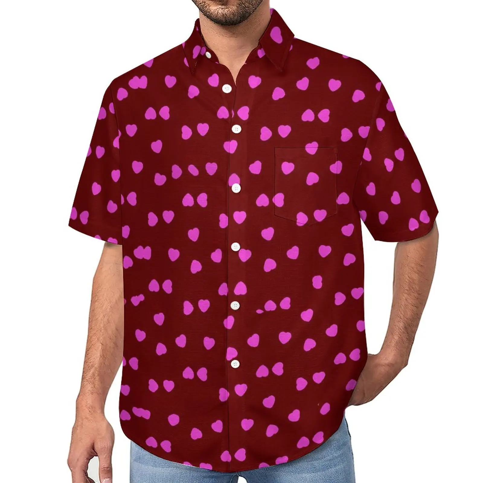 

Pink Hearts Pirnt Blouses Men Happy Valentine Casual Shirts Hawaiian Short Sleeve Custom Street Style Oversized Beach Shirt Gift
