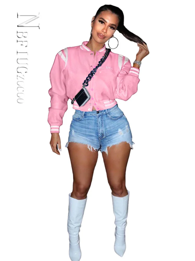 

Letter Embroidery Baseball Jacket 2021 Autumn Clothes Women Hip Hop Streetwear Cropped Coat Pink Black