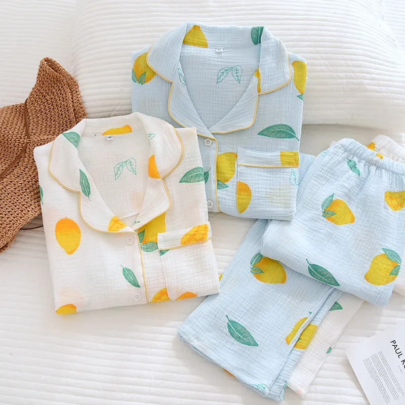 Pure Cotton Washed Crepe Pajamas Women's Four Seasons Can Go Out Long-Sleeved Sweet Korean Cartoon Home Clothes Set Thin Section