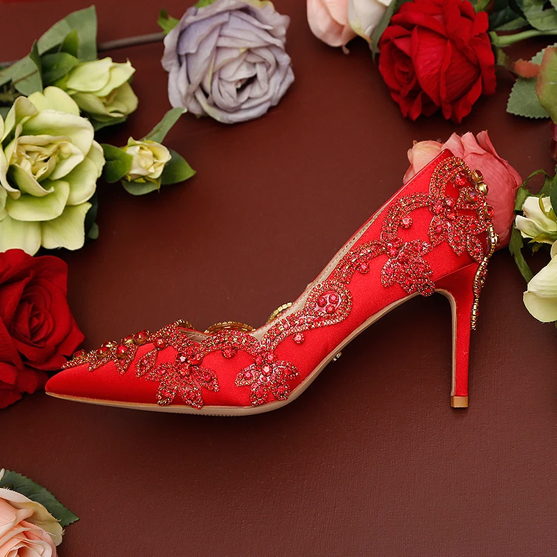 Свадебные туфли с красным кристаллом туфли-лодочки для невесты острым носком на