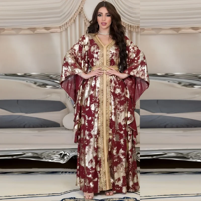 Spring Autumn Muslim Fashion V-neck Long Sleeve Polyester Red Blue White Long Abaya Muslim Elegant Abaya with Belt Abaya Dress