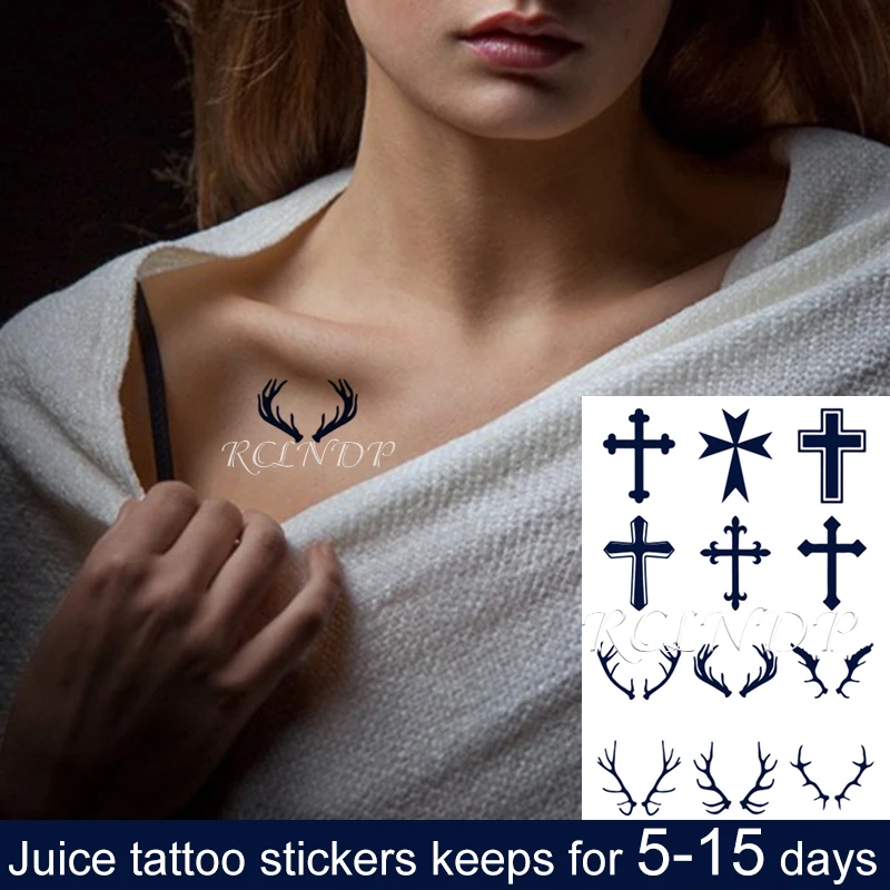 

Водостойкая Временная тату-наклейка с чернилами для сока, разные дизайны крестов, рога, стрела, Фруктовый гель, стойкое искусство для мужчин...