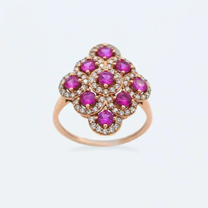 

18K Rose Gold Women's Russian Diamond Red Stone Ring 585 Purple Gold Open Ring for Girlfriend