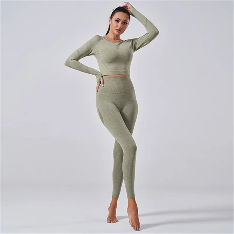 Женский бесшовный комплект для йоги из 2 предметов короткий топ с длинным рукавом