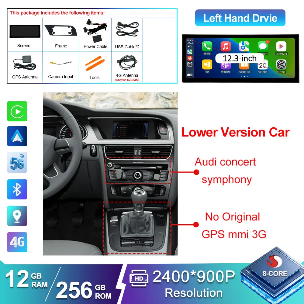 

Android 15 Carplay GPS 12.3'' Ультратонкий HD-экран для Audi A4 A5 2009-2016, автомобильный видеомультимедийный плеер с DSP, Wi-Fi, Bluetooth