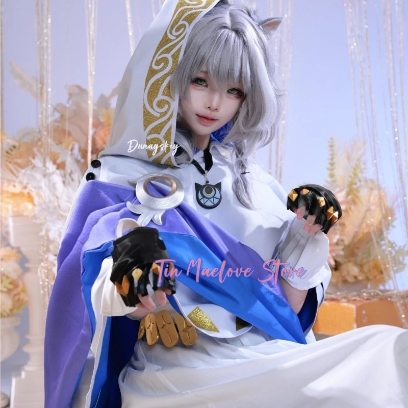 Фото Костюм для косплея Cipher Cifera из аниме-игры Honkai Star Rail, образ священника, с капюшоном с кошачьими ушками и синими акцентами, на Хэллоуин №3