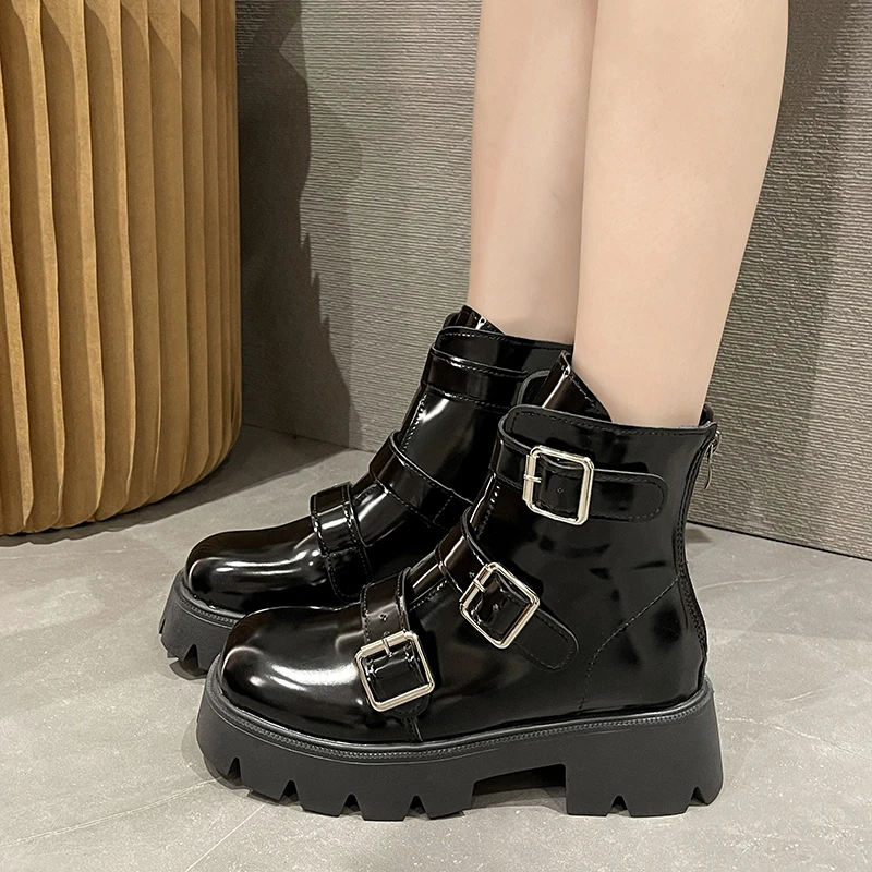 Muffin Thick Bottom Round Head Motorcycle Boots Female Hollow Buckle Cool Boots Handsome Leather Fried Motorcycle Botas De Mujer