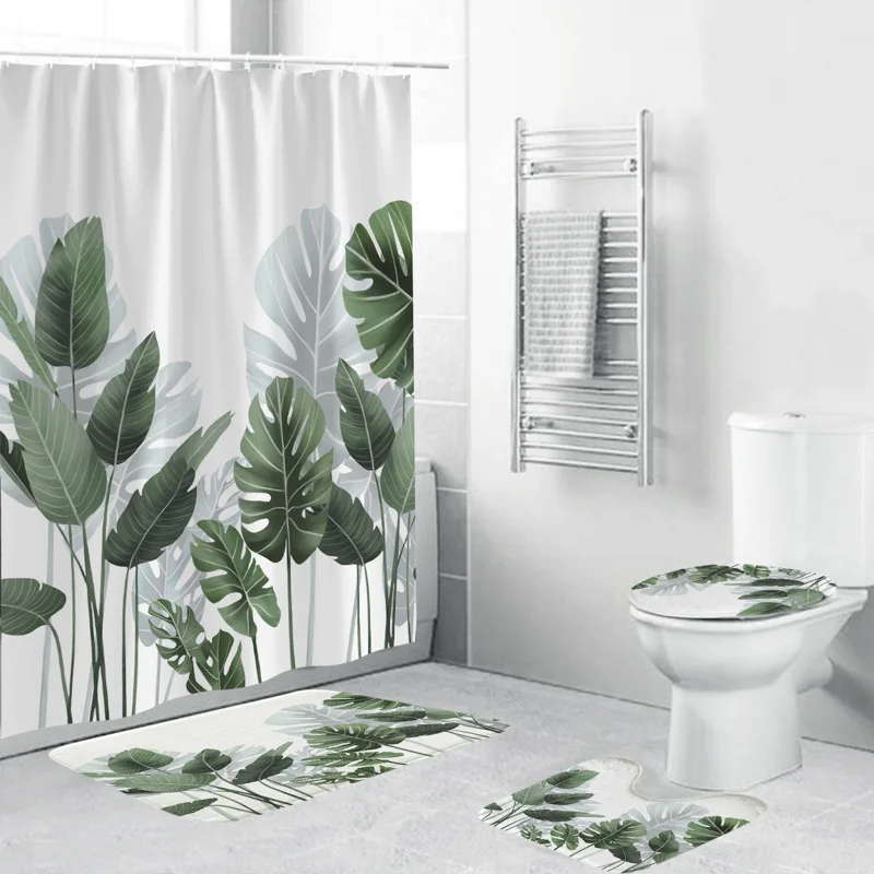 

Flowers Leaves Printed Fabric Shower Curtain with Hooks Full Set Bathroom Curtains Decoracion Para Baños