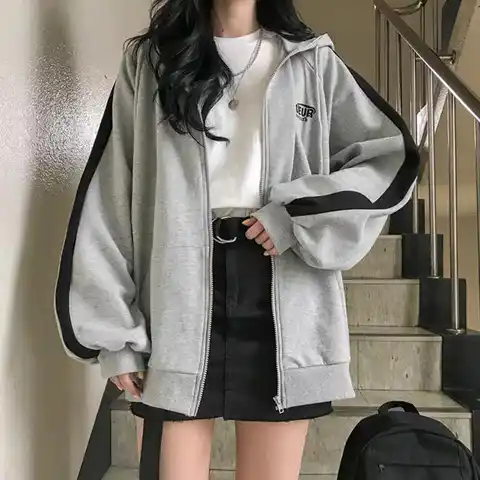 Women Hoodies Spring Coat Hooded Long Sleeves Zipper Cardigan Loose Keep Warm Contrast Color Soft Women Hoodie Coat Women