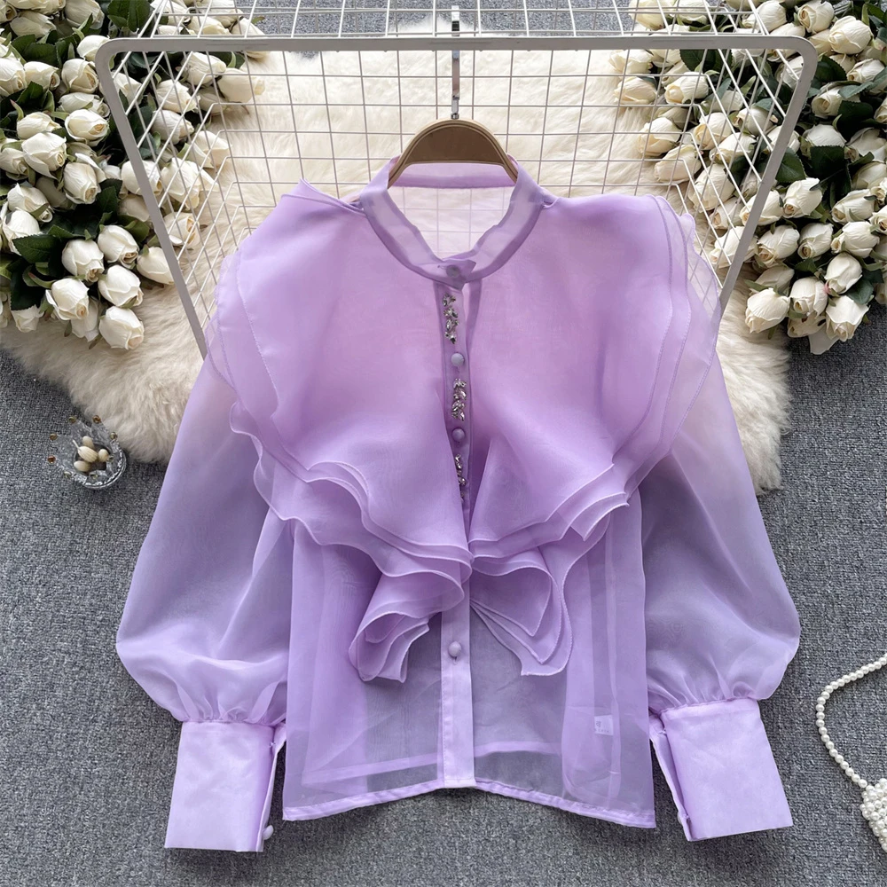 

Clothland Women Sweet Ruffled Blouse Candy Color Long Sleeve Beading Button Shirt Retro Casual Tops Blusa LA883