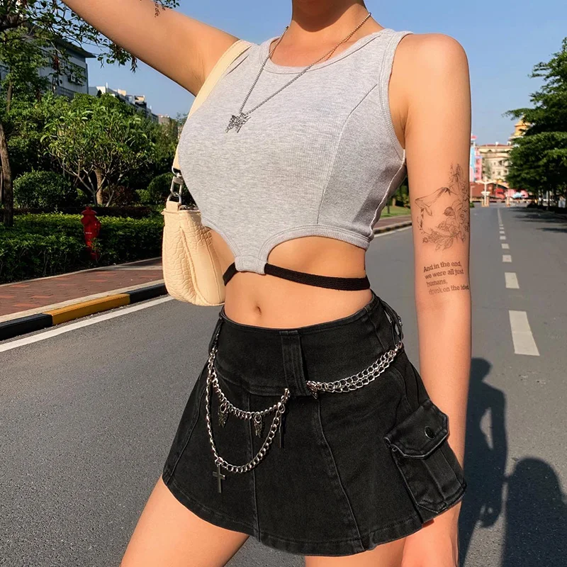 

Casual Soft Vest Sexy O-neck Crop Top Women Grey Hollow Vest Cotton Sexy Sleeveless Summer Women's Slim Tight-fitting Crop Top
