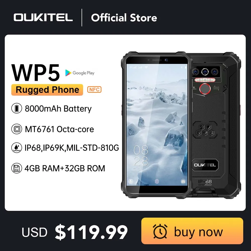OUKITEL-teléfono inteligente WP5 4G, resistente al agua, cuatro núcleos, 4GB, 32GB, 8000mAh, 5,5 pulgadas, MT6761, Triple Cámara