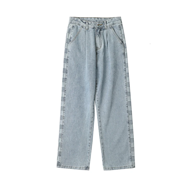 Privathinker Side Plaid Jeans For Men Loose Fashion Straight Denim Pants Harajuku Streetwear Hip Hop Casual Male Trousers