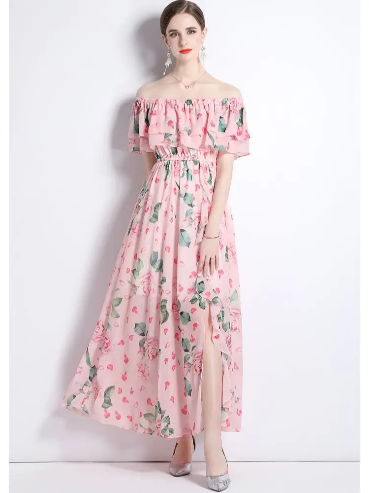

2023 Summer Flowy Chiffon Long Dress Runway Women's Ruffles Slash Neck Floral Print Elastic High Waist Holiday Beach Robes