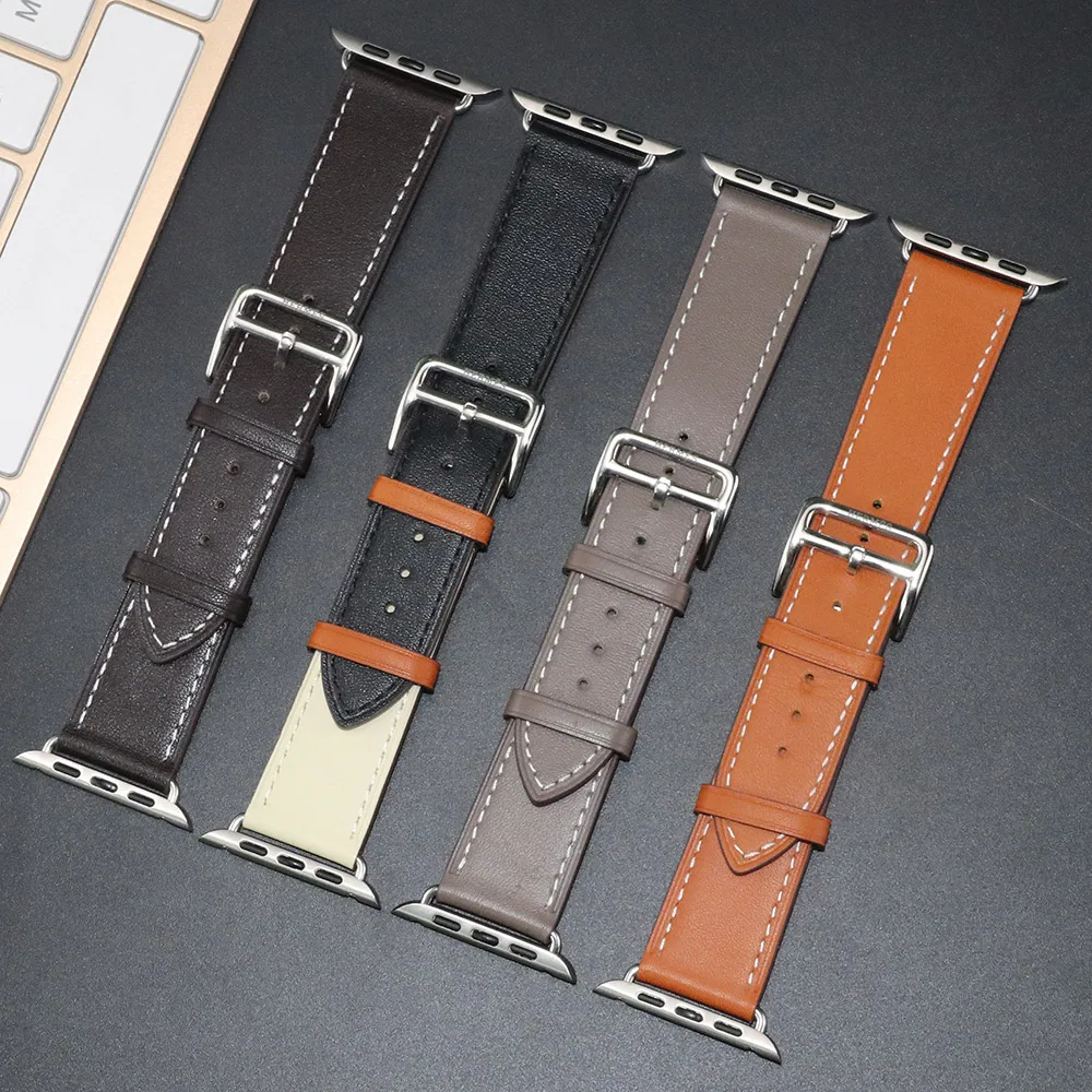 Genuine Leather With Logo Band For Apple Watch Series 8 7 Bracelet Leather Loop Strap For iWatch Ultra 49mm 40mm 44mm 41mm 45mm