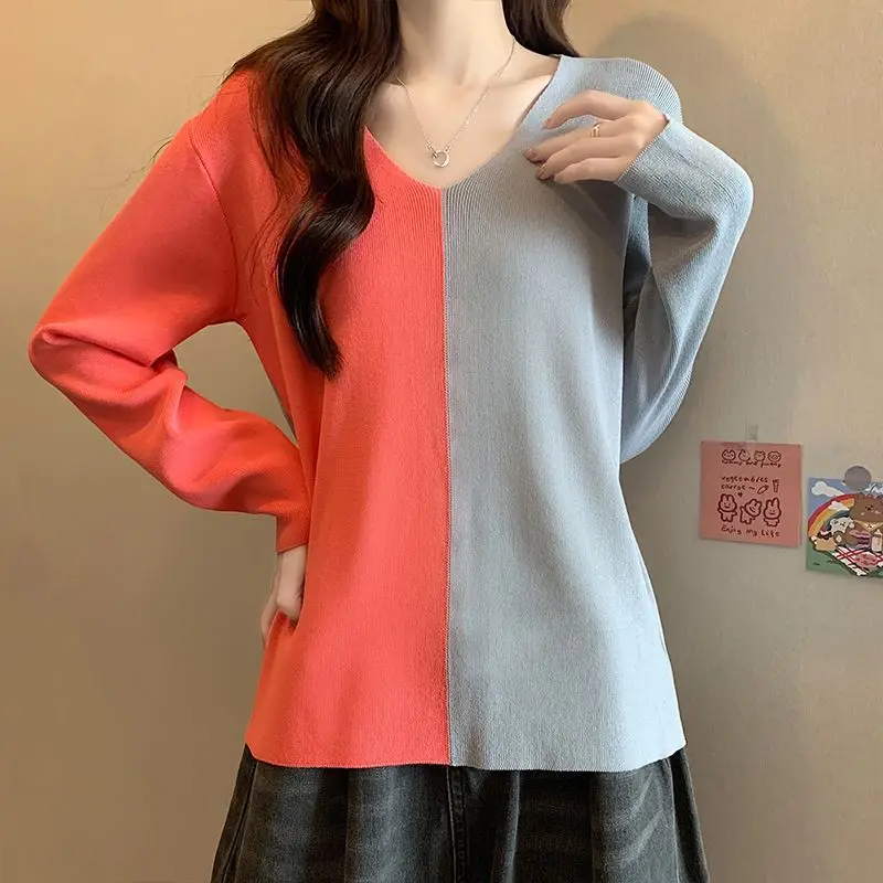 Женский свитер контрастных цветов свободные универсальные пуловеры с V-образным