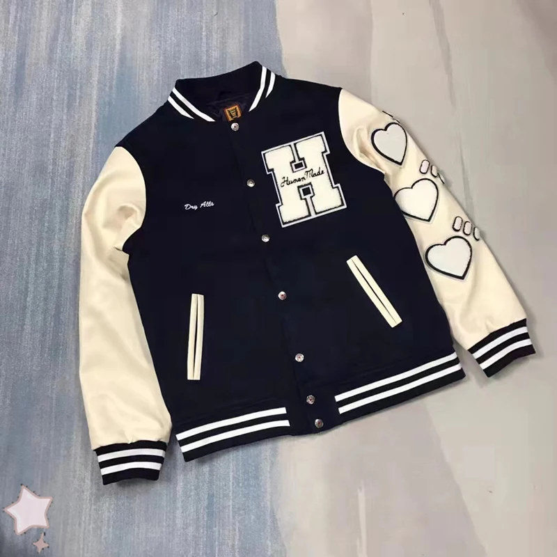

Men Women Outwear HUMAN MADE Baseball Uniform Big H Woolen Cloth Stickers Love Baseball Cardigan Jacket