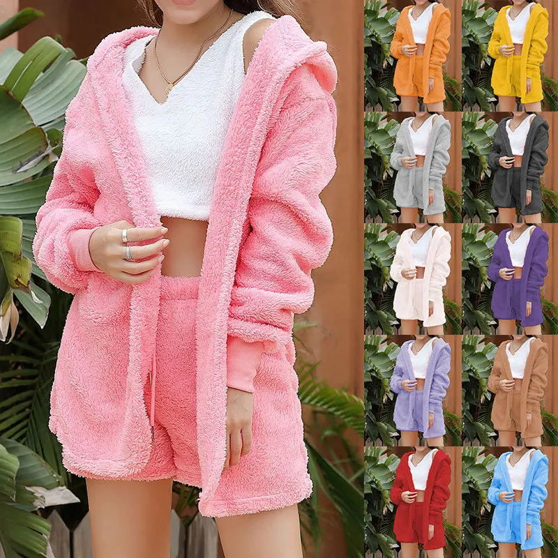 

Women's Winter Plush Home Wear Casual 3-piece Pajama Long Sleeved Open Navel Vest Shorts Set