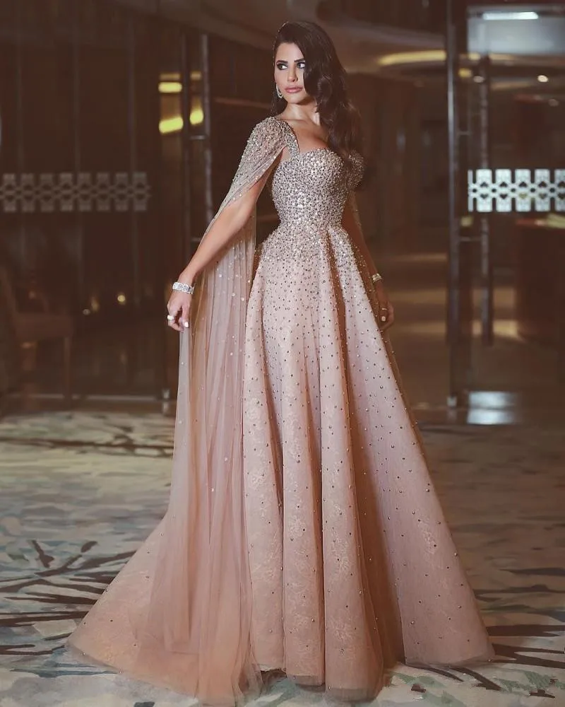 

Hot Champagne Lace Evening Formal Dresses Cap Sleeves Sweetheart Pearl Beaded Rhinestone Prom Party Gowns Arabic Robe De Soiree