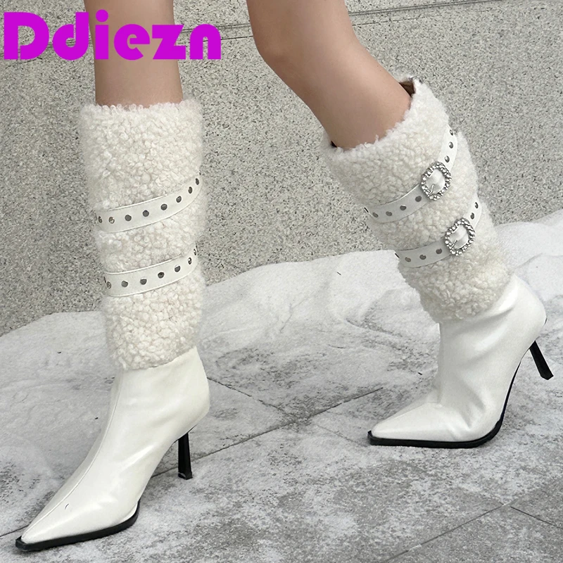

Pumps Rhinestone Modern Mid-Calf Boots For Ladies Footwear Fur Female Pointed Toe Fashion Women Western Long Boots Shoes Heels