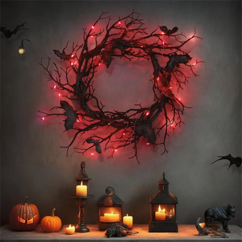 

Halloween Wreath, Artificial Dead Tree Branches, Rose Bats, LED Light Ring, Hanging Decoration Simulation Decoration