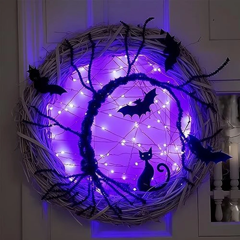 

1 Piece Halloween Wreaths For Front Door Halloween Lighted Wreath With Bat Decor LED Purple Lights Battery Operated Purple