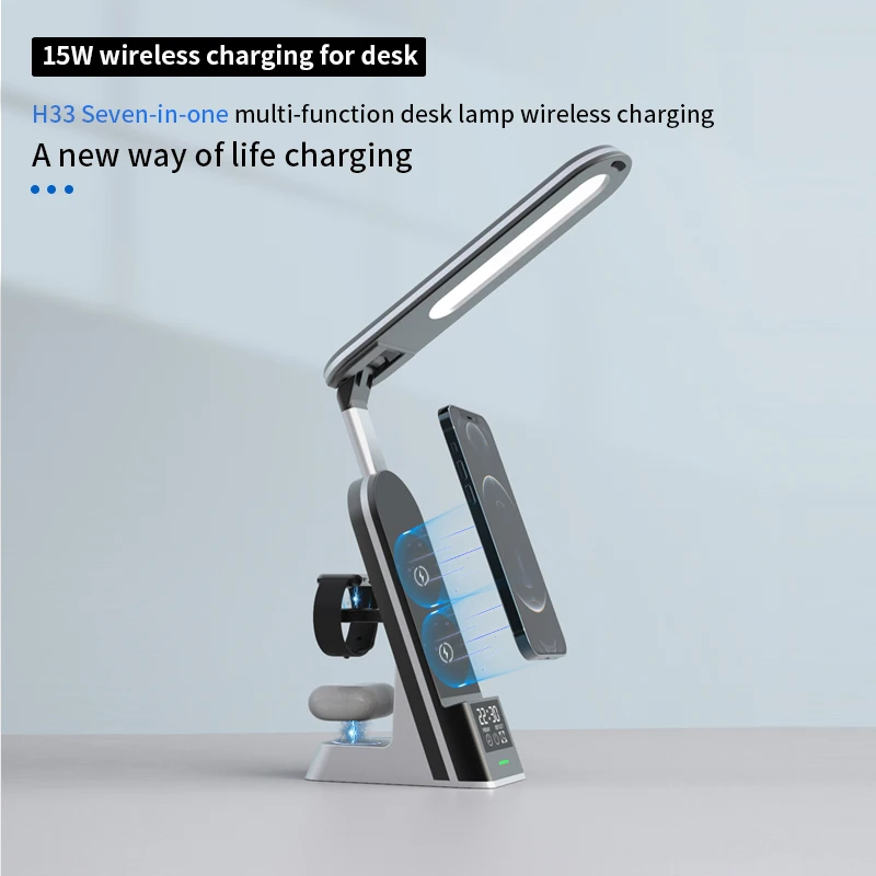 

Alarm Clock Multi Wireless Charger Station For IPhone 13 12 11 Pro Max X 7IN1 Dimmable Lamp Charger For Apple Watch AirPods Pro